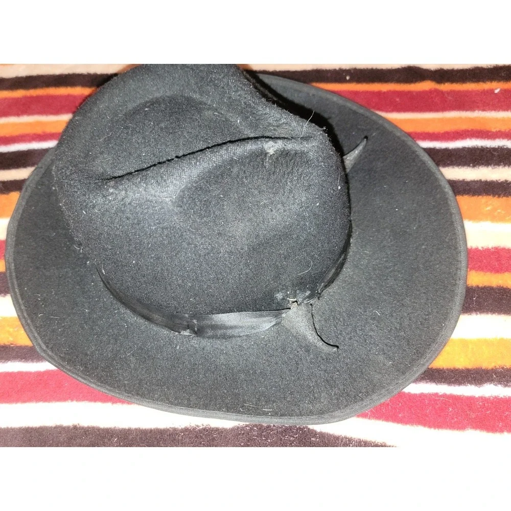 Black Felt Wide‎ Brim Hat Feather Horn Band Handmade Costume Gothic Witch